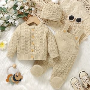 Baby Gebreide Romper in Kleur met Bretels + Vestje Cardigan + Kinderhoed Driedelige Set, Perfect voor Buiten