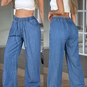Vrouwelijke hoge taille rechte broek, casual non-stretch denim broek, kleur, met trekkoord taille, voor alle seizoenen