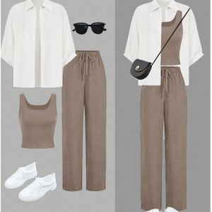 3pcs Summer Women's Casual Vest Shirt And Pants Set