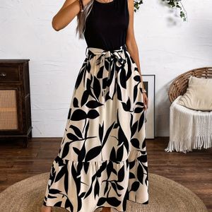 Dames Mouwloze Maxi Jurk met Bladprint - Zomerjurk met Ruffle Zoom, Losse Pasvorm Casual Strand Trouw Vakantie Jurk, Wasmachinebestendig Lente/Zomer Outfits