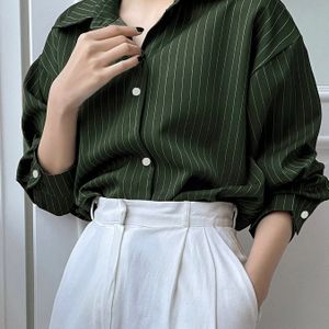 Vrouwelijke Casual Elegante Gestreepte Lapel Lange Mouw Shirt Voor De Lente