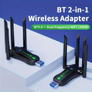 BT+WIFI USB Adapter, Dual-Band 4.2+ 1300Mbps, Dual-Frequentie , Internet, Geen Driver Vereist, Plug and Play, Geschikt voor Laptop/Desktop/PC/Mac, BT+WIFI Werkt Simultaan