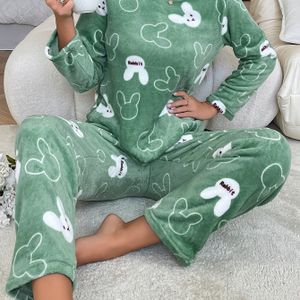 cartoonpatroon warme, comfortabele, antistatische huispyjama's voor dames, flanellen pyjama's
