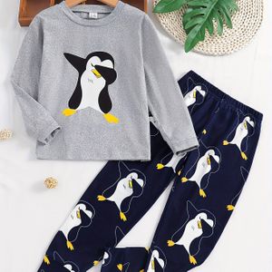 Jongens' Warme Onderbroek Lange Broek Set met Pinguïn Dierenprint, Casual Schattig Grappig Volledige Print Crew Neck Veelzijdige 2-delige Outfit