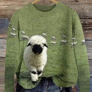 Plus Size, 3D Schapenprint Trui - Volledig Schapenpatroon, Groene Casual Ronde Hals Lange Mouwen Truien voor het Hele Jaar, Gezellige Pullover voor Laagjes of Alledaagse Outfits