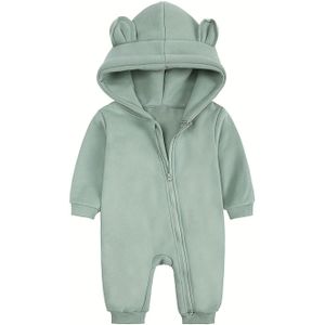 Gezellige Fleece-Gevoerde Hoodie Romper voor Baby's, Berenoren Ontwerp, Rits-Up Lange Mouwen Onesie voor Jongens & Meisjes, Perfect voor Herfst/Winter, Verdikt, Kruippak, Perfect voor Buiten