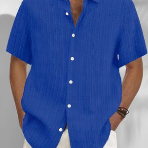 Herenshirt in Koningsblauw - Casual met Knoopsluiting, Korte Mouwen, Geribbelde Textuur, Klassieke Kraag, Zomerkleding, Machinewasbaar, GROTE MATEN