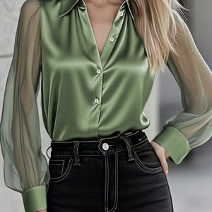 Een damesblouse met mesh mouwen, satijnen stof, verfijnd en elegant, perfect voor modieuze pendelreizen, eenvoudig en ruim ontwerp, comfortabel voor uitstapjes, trendy nieuwe stijl, veelzijdig.