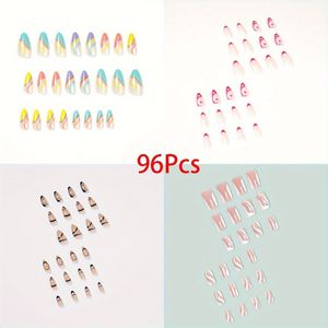 96 stuks Franse Puntige Nepnagels Medium Amandelvorm, Glitter Acryl Nepnagels met Streepaccenten, Herbruikbaar, 12 Maten - 24 Nagelset