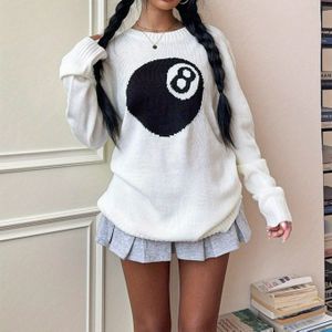 1pc TD24594 Amerikaanse Retro Biljart Achtste Bal Pullover Trui, Casual Acryl Crew Hals Top met Geometrisch voor Herfst/Winter