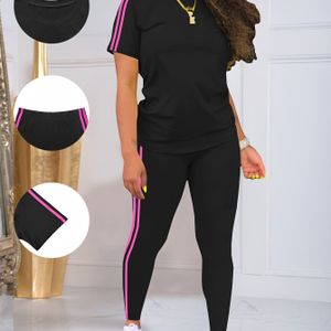 Vrouwenmode Lente/Zomer Set met Ronde Hals Kleur Trim Korte Mouw Top en Broek Elastisch Pak