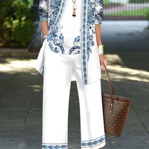 Plus Size - Maat Set Elegante Bohemian Stijl Nationaal Gedrukte Pak met Lange Mouwen Jas Vest Top Wijd Broek Driedelige Set Zonder Accessoires