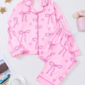 TANYUN Meisjes 2-delige Roze & Hartjesprint Pyjama Set - Lange Mouw Button-Front Flanellen Nachthemd & Broek met Kraag, Zachtroze & & Strik Accenten, meisjes pyjama