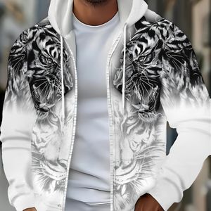 Heren Lange Mouw Rits Tijgerprint Capuchon Trui, Herfst Winter Casual Outdoor Jas met Trekkoord en Zakken