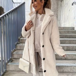 Dames Pluche Bontjas - Elegante Lange Jas met Knoopsluiting, Losse H-Lijn Silhouet, Beige/Witte Winterjassen voor Casual & Formele Evenementen, Machinewasbare Outer Jackets