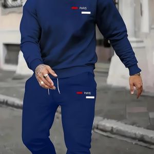 Heren 2-delige set, ronde hals lange mouwen top met trekkoord broek, comfortabele herfst hardloopoutfit, polyester gebreid, regular fit, sportieve stijl, bedrukt , casual sportkleding