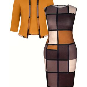 Elegante Print Jurk & Cardigan Set - Mouwloze Mini Jurk met Ruitpatroon, Stretchy Stof, Ronde Hals, Stijlvolle Outfit, Stijlvolle Kleding | Ruitpatroon | Stretchy Jurk