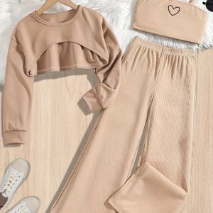 New Herfst Jeugd Cartoon Hart Print Spaghettibandjes Vest + U-vormige Zoom Casual Dagelijkse Ronde Hals Lange Mouw Top + Wijde Pijpen Broek Nieuwe Comfortabele Driedelige Set, voor Buiten