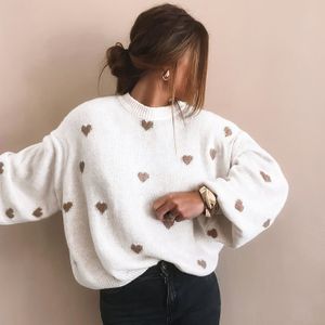 Vrouwen Elegante Hart Jacquard Trui - Relaxed Fit Lange Mouw Ronde Hals Pullover met Contrasterende Rand, Machinewasbare Casual Top, Schattige Sweaters, Medium Elasticiteit
