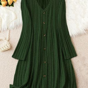 Plus Size V-hals Geribbelde Jurk, Casual Lange Mouw Jurk Voor Herfst & Winter, Dames Plus Size Kleding
