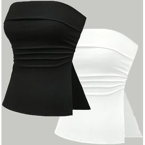 Tweedelige set van elegante tops met open schouders in zwart en roze, veelzijdig voor het reizen of lagen, kleur, stijl voor lente/zomer, met een gespleten zoom.