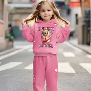 Meisjes Schattige Capuccina & Ballerina Print Hooded Sweatshirt & Broek Set - Roze met Sterren, Lange Mouw Casual Outfit voor Lente & Herfst, Perfect voor Verjaardagscadeaus, voor Buiten