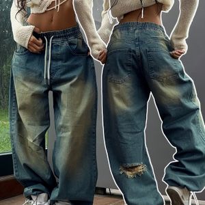 25AW Y2K Amerikaanse Style Retro Blauw Gewassen Trekkoord Kalf Versleten Enkelband Wijde Pijp Dames Spijkerbroek