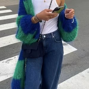 1pc Dames Kleur Trui - Polyester V-Hals Lange Mouw Lichte Dikke Open Voorzijde Trui voor Herfst/Winter Vakantiestijl