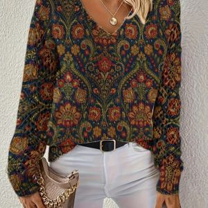 Vrouwen's Elegante Bohemian V-Hals Lange Mouw Trui - Bloemen Digitale Print Pullover voor Kantoor, Streetwear & Thuis, Veelzijdige Top