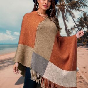 Casual Jas In Grote Maten, Plus Colorblock Vleermuismouw Voor Dames, V-hals, Kwastjes, Medium Stretch Sjaal En Cape-sweater-overjas