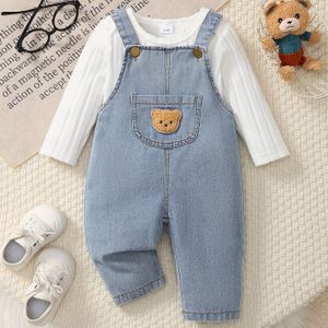 2 stuks Baby Kleur Lange Mouwen Romper Onesie Driehoekige Zoom + Beer Patch Broek Kinder Denim Set, Broek Lengte van Schouder tot Enkel, Perfect voor Buiten