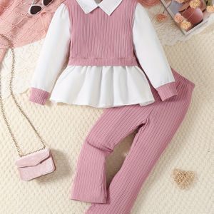 Jong Meisje's Overhemd met Kraag en Geribbelde Gebreide Broek Tweedelige Set voor Herfst/Winter, Ideaal voor Buiten