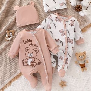 2 sets van cartoon schattige beer print baby jongen zachte lange mouwen voetbedekkende onesie + hoed set, zachte stof, baby jongen kleding, geschikt voor buitenactiviteiten set