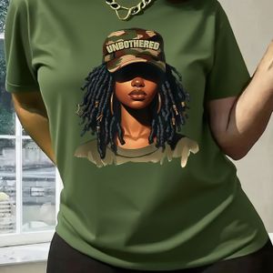 Vrouwen's Levendige Gele "" Camo Hoed Portret Print Crew Neck T-Shirt - Zachte Stof, Lengte Casual Top voor Lente & Zomer, Ontspannen Pasvorm Tee, Wasmachinebestendig, Comfortabele Kleding