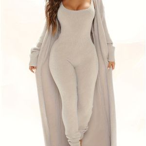 Trui Jumpsuit en Lange Cardigan Abrikoos Tweedelige Set voor Vrouwen