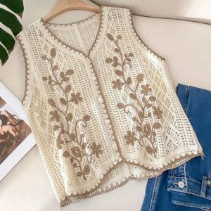 Stijlvolle Bohemian Mouwloze V-hals Vest - Chique Geometrisch Haakpatroon, Lichtgewicht Acryl, Semi- met Knopen, Casual Lente/Herfstkleding, Alleen Handwas
