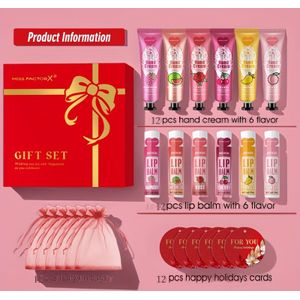 MISS 48 stuks/Doos Assortiment Cadeauset: 6 Smaakjes Lippenbalsems en Handcrèmes met Rode Draagtas & Bedankkaartje - Perfect voor Bruiden, Zakelijke Wellness, Feestgunsten en Vrouwen Geschenken