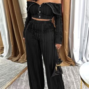 Elegante Tweedelige Set voor Dames met Kleur Lange Mouwen, Sexy Golfpatroon, Korte Top met Knopen aan de Voorkant en Wijde Broek