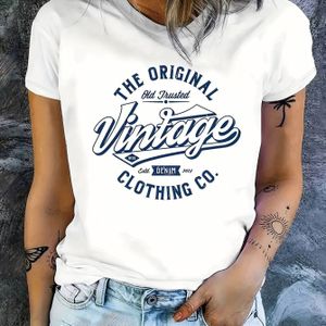 [1pc Vintage Print T-shirt] 1pc . Women's Casual Round Neck Short Sleeve T-shirt, Geometric Print, Knit Fabric, Stretch, Regular Fit, Polyester, All