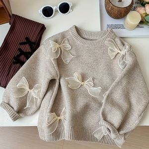 Meisjes Koreaanse Stijl Trui - Zachte & Bruine Strik Accent Pullover Trui, Ronde Hals Lange Mouw Top voor Lente/Herfst, Alledaagse & Formele Outfits - Meisjes Trui, Gebreid