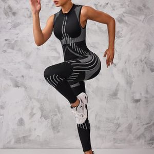 Dames High-Elasticiteit Rits-Front Jumpsuit - Naadloze Gestreepte Onesie met Volledige Bedekking, Wasmachinebestendig Pak voor Joggen, Buiten & Dagelijks Gebruik (Zwart/Wit) - Strakke Bodysuit