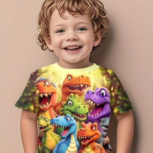 Boys' Summer Dinosaur Graphic T-Shirt - Vibrant 3D Cartoon Dinosaur Print, Korte Mouw Ronde Hals Casual Top, Lichtgewicht & Ademend voor Buiten Spelen, Dinosaur Kleding