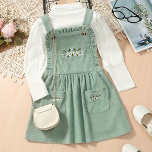 Peuter Meisjes Puff Mouw Top & Bloemenborduurwerk Corduroy Overal Jurk