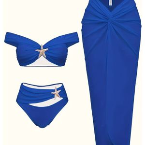 Dames Hoge Elasticiteit Kleur 3-delige Off-Shoulder Sexy Bikini Badpak Set met Semi-Sheer Zonnescherm Skirt Cover-Up Strandvakantie Vibrant Summer 2025SS Mode Badpak Set