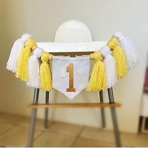 Bohemian Tassel High Chair Banner For 1st Birthday Party, Handmade Fabric Garland With Wood Beads And Daisy Decor, First Birthday Girl Decoration, Cake Smash Photo Prop - Yellow