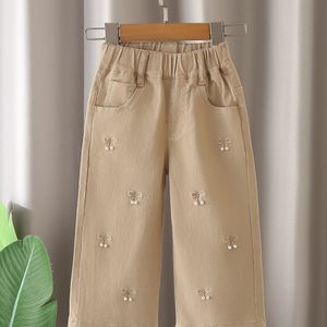 Meisjes Elegante Strik & Parel-Verfraaide Stretch Rechte Broek - Zachte Beige Elastische Taille Losse Lange Broeken voor Lente/Herfst Casual , Perfect voor Buiten