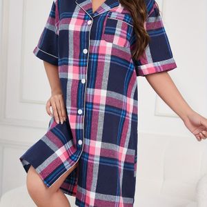 Plus Size Dames Pyjama Top met Ruitjesprint Viscose Casual Comfortabele Nachtjurk