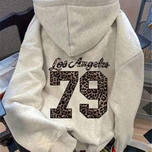 Oversized Hoodie met Los Angeles & 79 Nummer Print - Witte Luipaardprint Hoodie, Losse Pasvorm Winter Warme Trui voor Kinderen, Wasmachinebestendige Casual Sweater (-Thema Kleding)