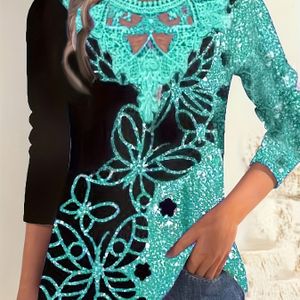 Elegante vlinderprint Oversized T-shirt met lange mouwen voor dames - Zacht & Rekbaar, Plus Size Casual Tops