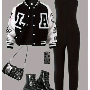 Terug-naar-school Seizoen Meisjeskleding - Meisjes 130-170Y Herfst/Winter Mode Letter "LA" Fleece Patch Korte Baseball Jas Cheerleader Jas - Kleur Spaghetti Banden Slim Fit Jumpsuit Set